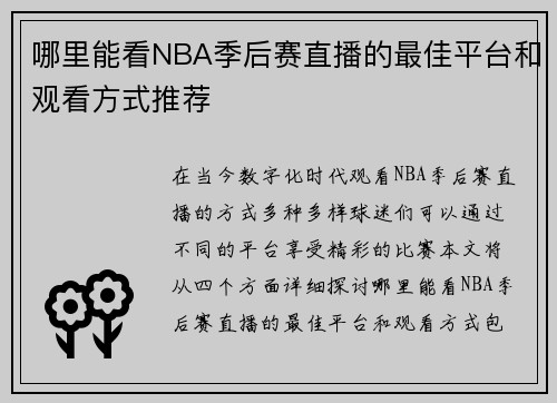 哪里能看NBA季后赛直播的最佳平台和观看方式推荐